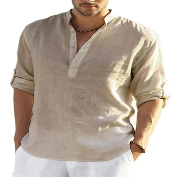 Streetwear Men Lightweight Shirts Long Sleeve Henley Cotton Linen Shirts for Men Beach Hawaiian Shirts Breathable Collar Tshirts