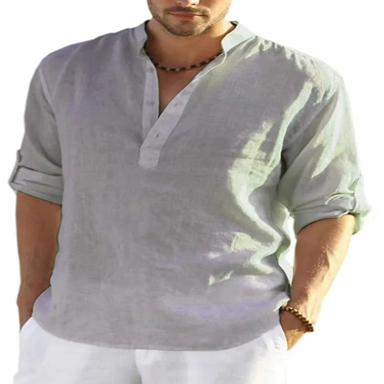 Streetwear Men Lightweight Shirts Long Sleeve Henley Cotton Linen Shirts for Men Beach Hawaiian Shirts Breathable Collar Tshirts