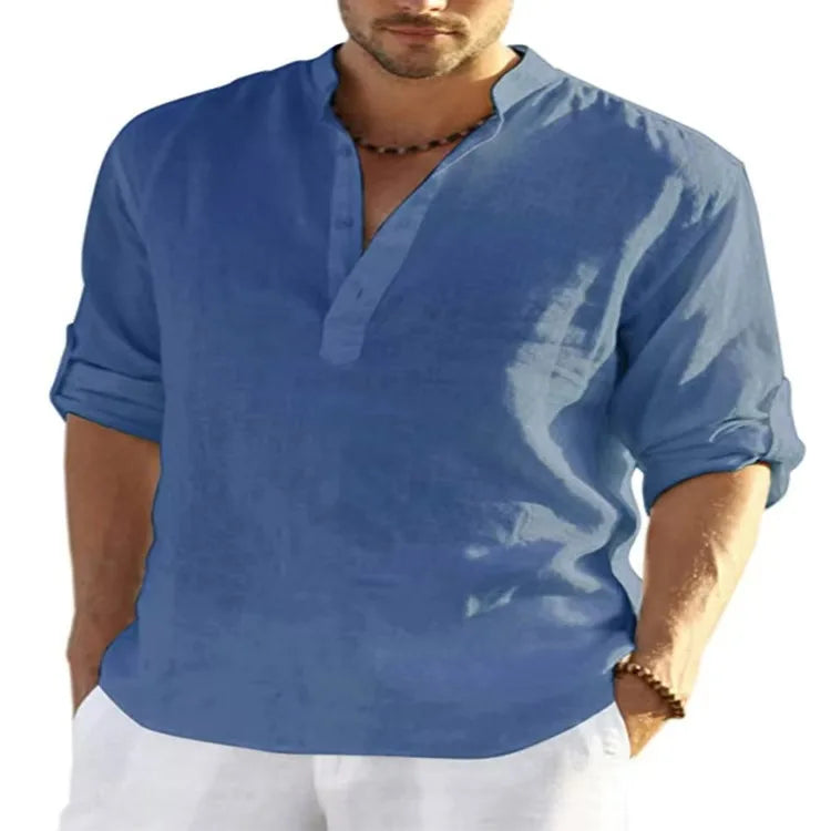 Streetwear Men Lightweight Shirts Long Sleeve Henley Cotton Linen Shirts for Men Beach Hawaiian Shirts Breathable Collar Tshirts