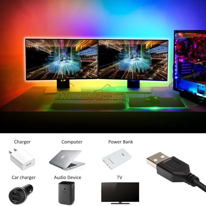 RGB USB LED strip light, 24-key remote control, 60 LED/m RGB tape SMD2835 flexible TV LED backlight, suitable for bedroom, party